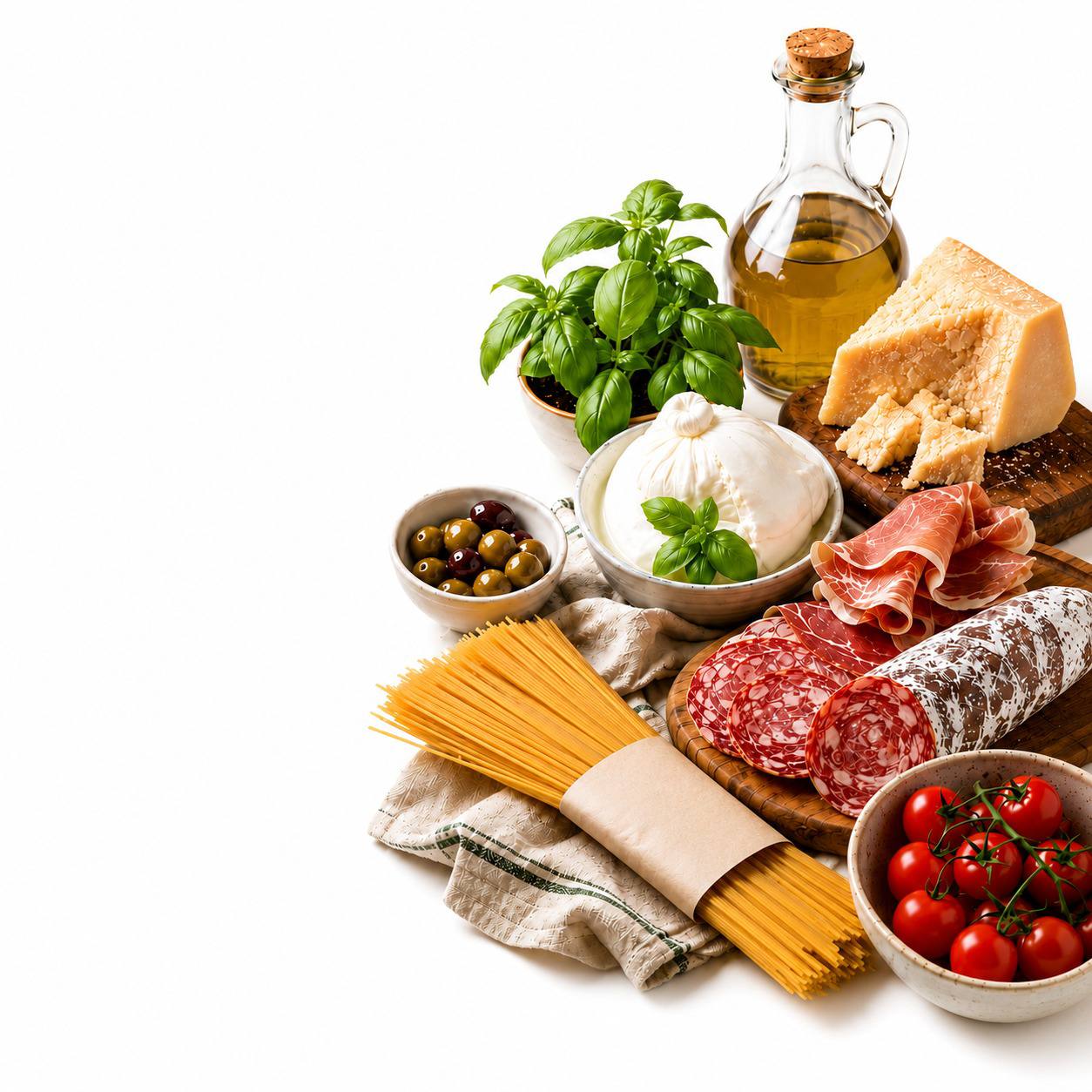 Produkte tipike italiane — vaj, djathë, sallam, makarona